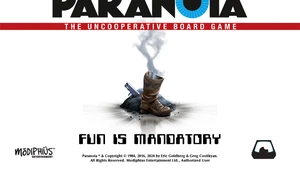 The image features the title "PARANOIA: THE UNCOOPERATIVE BOARD GAME" prominently displayed at the top, with a bold, stylized font. Below the title, a single brown boot is shown stepping into a cloud of smoke, suggesting a sense of mystery and tension. The tagline "FUN IS MANDATORY" is positioned beneath the boot, emphasizing the game's theme of enforced enjoyment. The background is mostly white, allowing the central elements to stand out, while the logo of Modiphius Entertainment is located in the bottom left corner.