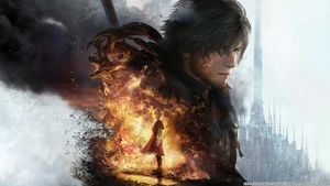 The cover art fo FF XVI showing Clive as the large character in the background and his brother, Joshua in the centre highlighted by fire behind him
