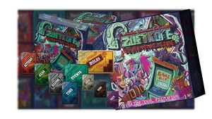 An image featuring the game box for ZOETROPE, as well as the variety of multi-colored cardbacks for all the types of cards present in the game.