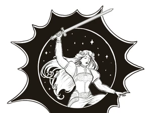 A dynamic black and white illustration features a heroic female figure wielding a sword, poised in an action stance. She has long flowing hair and is adorned in a detailed outfit, with intricate designs visible on her sleeves and waist. The background includes a circular motif filled with stars, surrounded by a jagged, starburst-like outline, enhancing the sense of movement and energy in the scene.