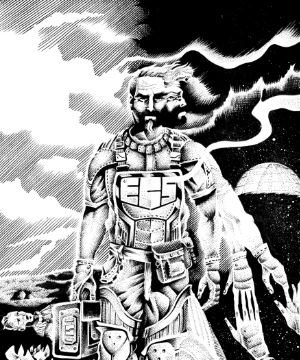 A rugged space explorer stands prominently in the foreground, wearing a detailed, futuristic suit adorned with various gadgets and tools. His expression is serious, and he holds a device in one hand, while the other reaches toward a ghostly, skeletal hand emerging from the ground. The background features a stark contrast of dark and light, with swirling clouds and a distant planet, creating an eerie atmosphere that complements the themes of horror and existential dread.