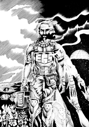 A rugged space explorer stands prominently in the foreground, wearing a detailed, futuristic suit adorned with various gadgets and tools. His expression is serious, and he holds a device in one hand, while the other reaches toward a ghostly, skeletal hand emerging from the ground. The background features a stark contrast of dark and light, with swirling clouds and a distant planet, creating an eerie atmosphere that complements the themes of horror and existential dread.