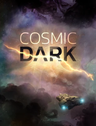 A cosmic scene featuring a vibrant, swirling nebula in shades of purple, blue, and orange, creating a sense of depth and mystery. In the foreground, a small, futuristic spaceship hovers, illuminated by soft lights, suggesting exploration in a vast, dark universe. The title "COSMIC DARK" is prominently displayed in bold, modern typography, with a lightning-like graphic element adding to the tension of the space horror theme.