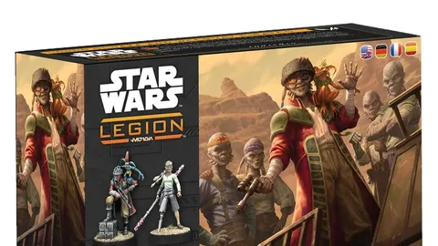 A box set for "Star Wars: Legion" features the Weequay Pirates, prominently displaying the charismatic leader, Captain Hondo Ohnaka, alongside several other miniatures. The box art showcases a rugged desert landscape with the pirates depicted in various poses, emphasizing their mercenary nature. The title "Hondo Ohnaka and Weequay Pirates" is featured prominently, along with the game's logo.