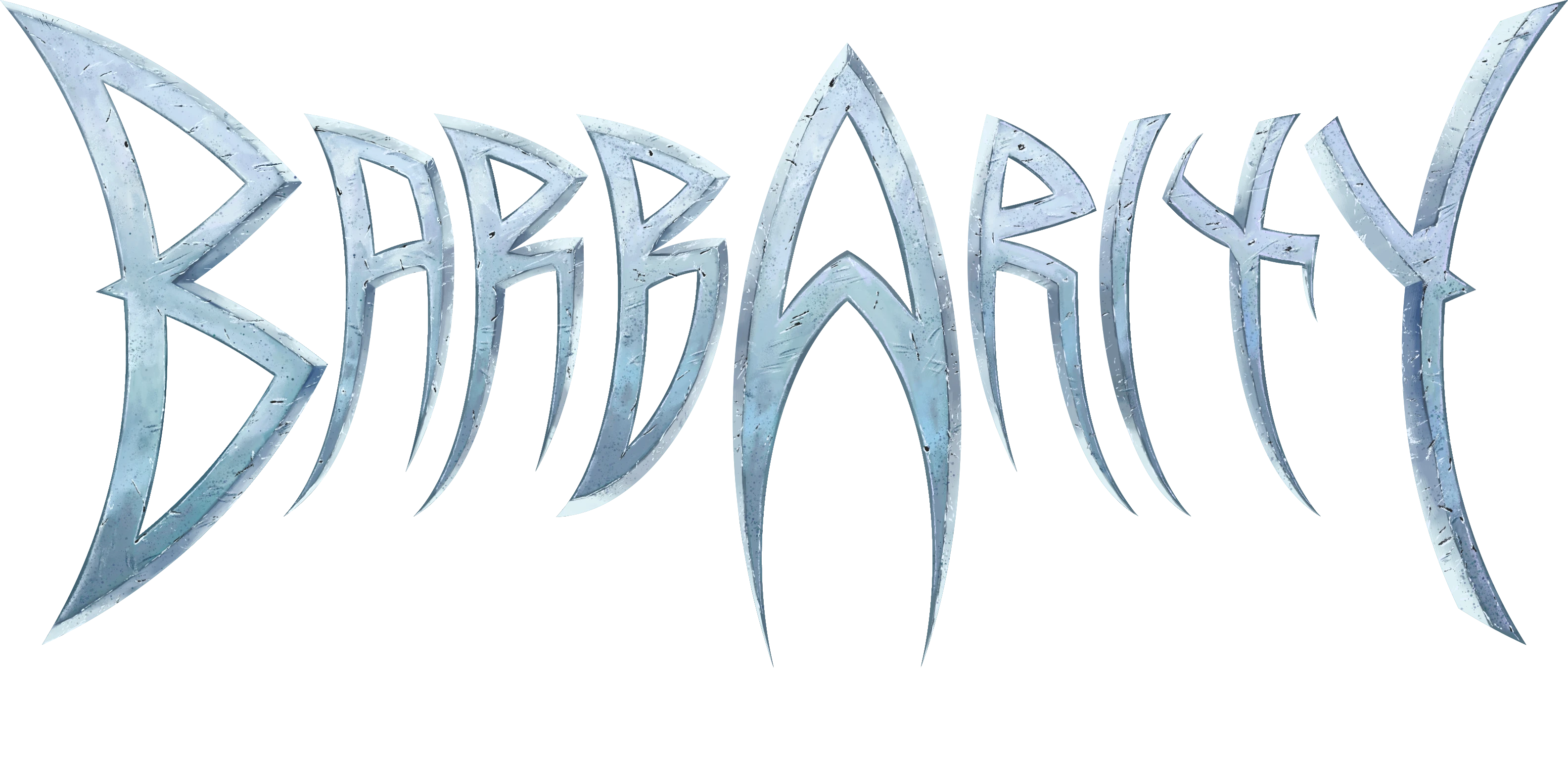 The image features the title "Barbarity" rendered in a stylized, metallic font that resembles jagged ice or steel. The letters are sharp and angular, with a slight sheen, suggesting a fierce and adventurous theme. The overall color scheme is predominantly silver with hints of blue, evoking a sense of coldness and strength. The design conveys a bold and dynamic aesthetic, fitting for a card game centered around barbarian warriors and epic battles.