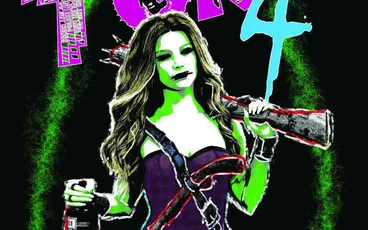A stylized character with long hair, purple top, and green cybernetic arm holding a large gun. Background features glowing green text with "TOK 4" in large pink and cyan letters. Smaller text includes "Vast Grimm" and "Cybernetic." Character holds a can in left hand.