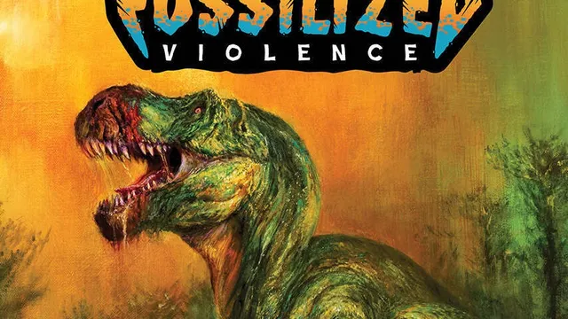 Green dinosaur with open mouth, jungle background, text "Fossilized Violence" above.