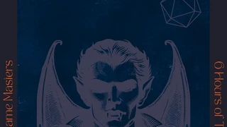 A stylized illustration of a vampire with prominent fangs and bat-like wings is centered against a dark blue background. The vampire has a serious expression, dressed in a formal suit, and is flanked by gaming elements like a twenty-sided die and a pair of dice, suggesting a tabletop gaming theme. Text on the left and right sides highlights "8 Game Masters" and "6 Hours of Terror," emphasizing the event's focus on role-playing games.