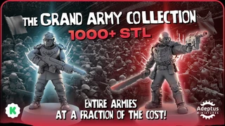 A striking promotional image showcases two detailed sci-fi miniatures from RedMakers' "The Grand Army Collection." On the left, a soldier in tactical gear holds a large firearm, while on the right, another figure wields a sword and sports a menacing helmet. In the background, a multitude of additional miniatures is visible, emphasizing the extensive range of over 1000 STL files available for wargamers and collectors. Bold text at the bottom highlights "ENTIRE ARMIES AT A FRACTION OF THE COST!"