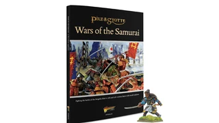 The image features the cover of the "Wars of the Samurai" supplement for the Pike & Shotte tabletop game, prominently displaying a vibrant illustration of a 15th and 16th-century Japanese battle scene, complete with samurai warriors in traditional armor wielding weapons and banners. To the right, there is a detailed miniature of Yasuke, the Black Samurai, depicted in a dynamic pose, dressed in colorful armor and holding a sword. The book's title is elegantly printed in gold lettering at the top, with the Warlord Games logo at the bottom.