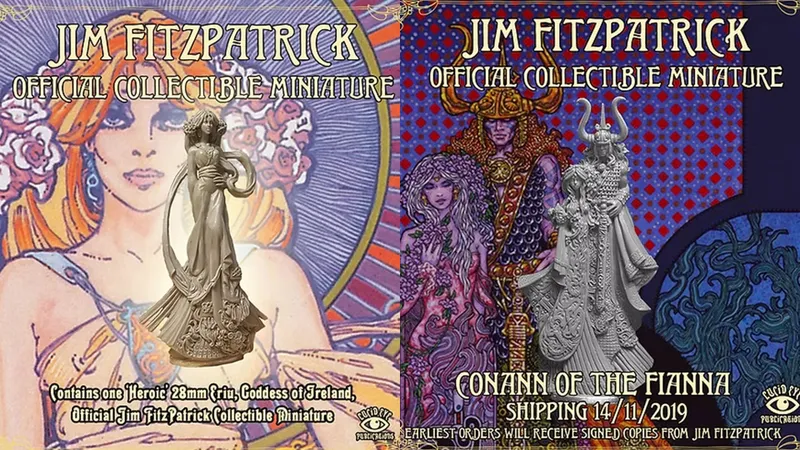 A 28mm scale miniature of Ériu, the Goddess of Ireland, is prominently displayed in the center, showcasing intricate details in her flowing attire and graceful pose. The background features vibrant artwork inspired by Jim Fitzpatrick, with a stylized depiction of a woman and decorative patterns in rich colors. The text at the bottom highlights that this is an official collectible miniature from Jim Fitzpatrick, emphasizing its unique artistic heritage.