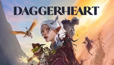 A fantasy-themed illustration featuring characters from the tabletop roleplaying game "DAGGERHEART," as displayed in bold, stylized text at the top. In the foreground, a woman with long, pale blue hair and pointed ears wears ornate, dark purple armor with gold accents. She holds a dagger in one hand and a glowing, spectral green weapon in the other. Behind her, a small, green-skinned creature with bat-like wings and large eyes clings to her shoulder.

To her left, a winged figure with golden armor and a sword flies upward, casting a bright light. Below, a muscular humanoid in heavy armor with a horned helmet wields a large hammer. Another armored figure with a skeletal, monstrous face and tattered wings stands nearby, holding a jagged weapon. In the lower right, a smaller character in blue clothing and a hood holds a glowing blue orb in one hand and a staff in the other.

The setting appears to be a rocky, mountainous landscape with a warm, orange sky and distant cliffs. Several shadowy, bat-like creatures fly in the background.