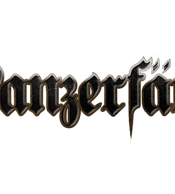 The logo for "Panzerfäuste" features the game's name in an ornate, gothic-style font. The letters are predominantly black with a slight metallic sheen, giving it a bold and striking appearance. The design includes sharp edges and flourishes, particularly on the letters "ä" and "f," which add a sense of fantasy and drama to the overall look. The logo is set against a plain white background, enhancing its visibility and impact.