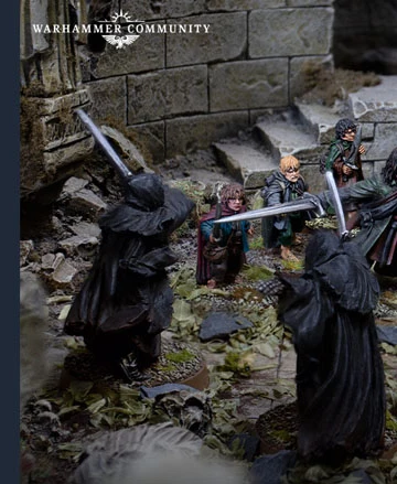 A dynamic scene depicts a confrontation between a group of cloaked figures, resembling Ringwraiths, and a diverse band of heroes from The Lord of the Rings. The heroes, including characters like Aragorn and Frodo, are positioned in a ruined stone setting, surrounded by overgrown foliage and debris. The Ringwraiths, dressed in dark, tattered cloaks, wield swords, creating a tense atmosphere as they face off against the protagonists. The intricate details of the miniatures highlight their distinct features and expressions, enhancing the narrative of this iconic moment.