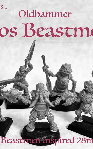 A collection of ten hand-sculpted beastmen miniatures is displayed, showcasing a variety of bizarre mutations, including hooves, tentacles, and horns. Each figure is cast in white metal and features unique weapons and minimal armor, emphasizing their grotesque designs. The text "Oldhammer Chaos Beastmen 2" is prominently featured, along with a subtitle indicating they are inspired by 28mm miniatures.