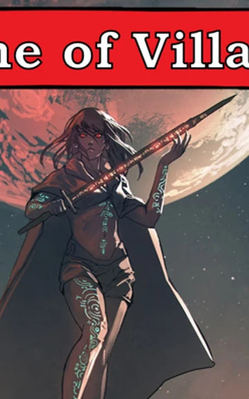 A character stands confidently with a weapon in hand, dressed in a dark cloak and shorts, adorned with intricate designs on their skin. Behind them, a large, glowing moon casts a dramatic backdrop, enhancing the scene's intensity. The title "Volume of Villains" is prominently displayed at the top, with the logo for Evil Pigeon Games in the bottom corner.