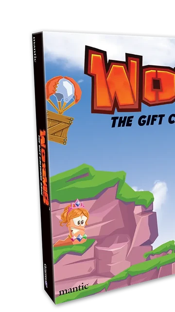 A colorful box for "Worms: The Gift Calendar Game" features a vibrant illustration of cartoonish landscapes with green hills and rocky cliffs. Prominent characters include a pink worm wearing a crown and a knight, both positioned on the cliffs, while a hot air balloon floats in the sky. The title is boldly displayed at the top, emphasizing the festive theme of the advent calendar.