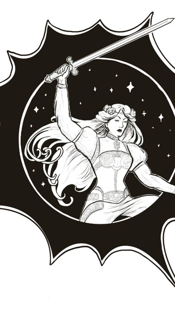 A dynamic black and white illustration features a heroic female figure wielding a sword, poised in an action stance. She has long flowing hair and is adorned in a detailed outfit, with intricate designs visible on her sleeves and waist. The background includes a circular motif filled with stars, surrounded by a jagged, starburst-like outline, enhancing the sense of movement and energy in the scene.