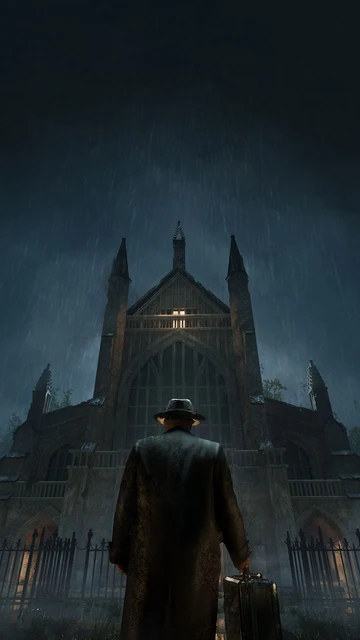 A figure in a dark coat and hat stands with their back to the viewer, facing a large, gothic-style church illuminated by a single light in the upper window. The scene is set in a rainy atmosphere, with droplets visible in the air, and the church is surrounded by a wrought-iron fence, adding to the ominous ambiance. The overall color palette is dark and moody, enhancing the sense of mystery and foreboding.