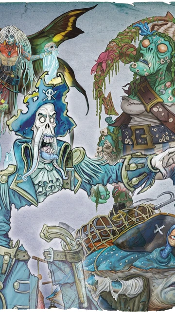 A vibrant illustration features four undead pirate characters. On the left, a faerie pirate with large, dark wings and flowing hair is depicted, wearing a tattered dress. In the center, an undead pirate captain in a blue coat and tricorn hat, with a skeletal face and a long beard, gestures dramatically. To the right, a green-skinned pirate with a patchy outfit and various sea creatures adorning her body holds a weapon, while a crab-like creature with a pirate hat and bulging eyes sits in the foreground, showcasing a treasure-laden shell. The background has a textured, oceanic theme, enhancing the eerie atmosphere.