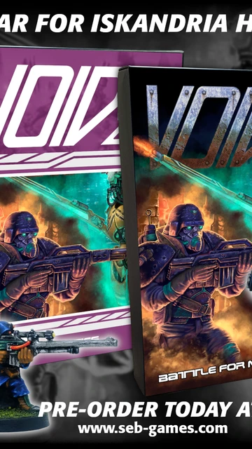 A promotional image features two boxed sets of the game "VOID 2.0 – Battle for Metropolis," prominently displayed in the center. The left box has a purple design, while the right box showcases vibrant artwork depicting futuristic soldiers and robots in action. Flanking the boxes are two miniatures: one character in a long coat and another aiming a rifle, both set on grassy bases, emphasizing the game's focus on squad-based combat. The text "THE WAR FOR ISKANDRIA HAS BEGUN" is displayed at the top, with a call to action for pre-orders at the bottom.