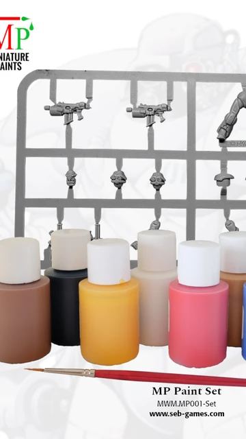 A collection of nine bottles of water-based acrylic paints in various colors, including black, white, dark green, mid blue, bright red, golden yellow, leather brown, bright gold, and chain mail, is displayed in the foreground. Behind the paint bottles is a sprue containing two Viridian Interdicts Marines, showcasing various miniature parts. A high-quality synthetic brush is positioned in front of the paint bottles, emphasizing the set's painting essentials.