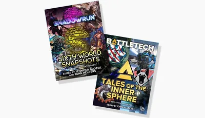 Two fiction anthologies are displayed: "Sixth World Snapshots" and "Tales of the Inner Sphere." "Sixth World Snapshots," featuring vibrant artwork related to Shadowrun, is edited by Jennifer Brozek and John Helfers, with the title prominently displayed in bold yellow text. "Tales of the Inner Sphere," showcasing elements from the Battletech universe, is also edited by John Helfers and features a striking design with various symbols and imagery associated with Battletech. Both covers are colorful and dynamic, reflecting the themes of their respective universes.