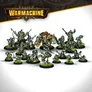 A collection of miniatures from the Southern Kriels Kithguard Army for Warmachine, featuring various trollkin jungle fighters. Prominent figures include Lead Captain Grimtusk, a fierce warlock, and Chomper, a dire troll, alongside Captain Grindstone and several infantry units. The miniatures are detailed, showcasing vibrant colors and dynamic poses, set against a simple background that highlights their intricate designs.