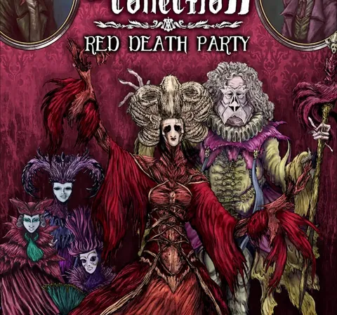 Five stylized figures in elaborate, gothic attire pose against a dark red background. Two circular portraits show a man in a top hat and another in a dark coat. Central text reads: "Malamorte’s Oddities Collection: Red Death Party."