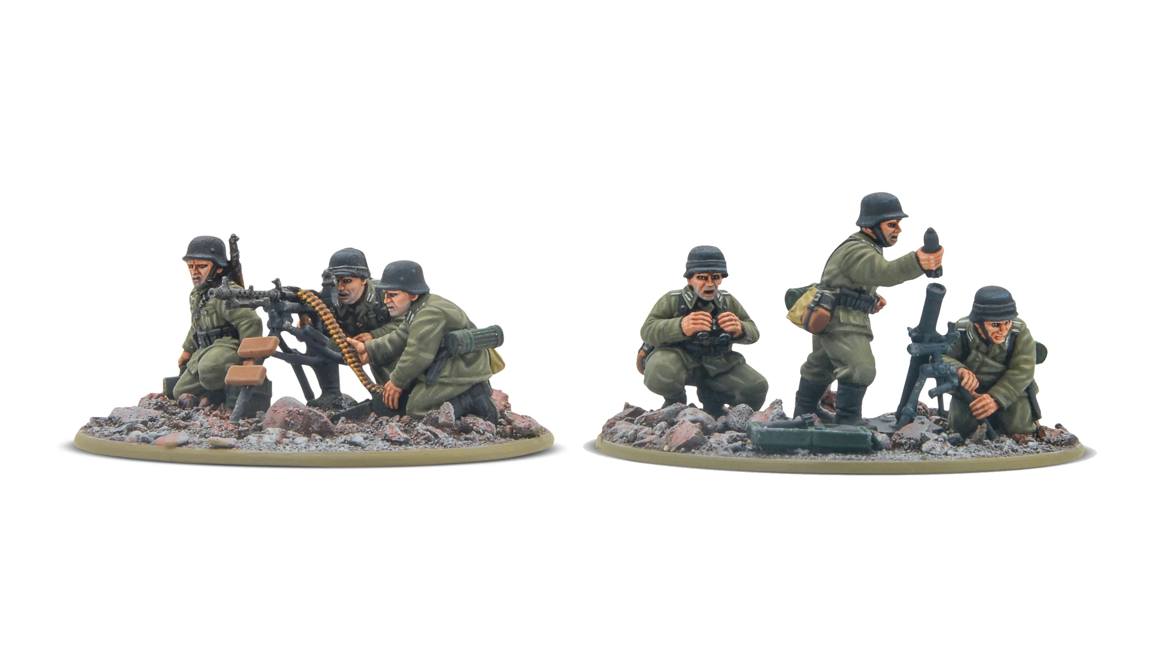 A set of four 28mm scale miniatures depicting German soldiers in various poses. On the left, two figures are crouched behind a machine gun, one operating the weapon while the other observes. On the right, two additional soldiers are shown, one holding a camera and the other preparing to fire a mortar, all set on a base with rocky terrain. The miniatures are detailed and cast in a special resin, showcasing realistic military attire.