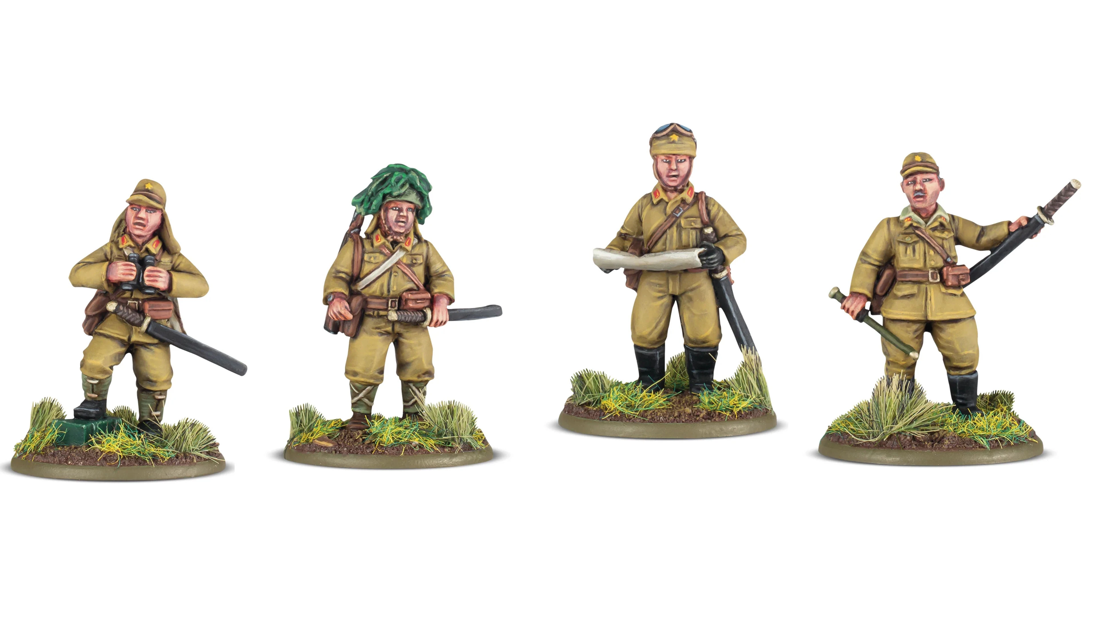 Four 28mm scale miniatures are displayed, featuring a mix of military figures. On the left, a soldier wears a green foliage helmet and holds a rifle, while the next figure stands with a sword and a serious expression. The third figure, dressed in a uniform with a cap, holds a rolled map or document, and the fourth figure stands confidently with a weapon at their side. Each miniature is mounted on a base with tufts of grass, showcasing detailed paintwork and realistic poses.