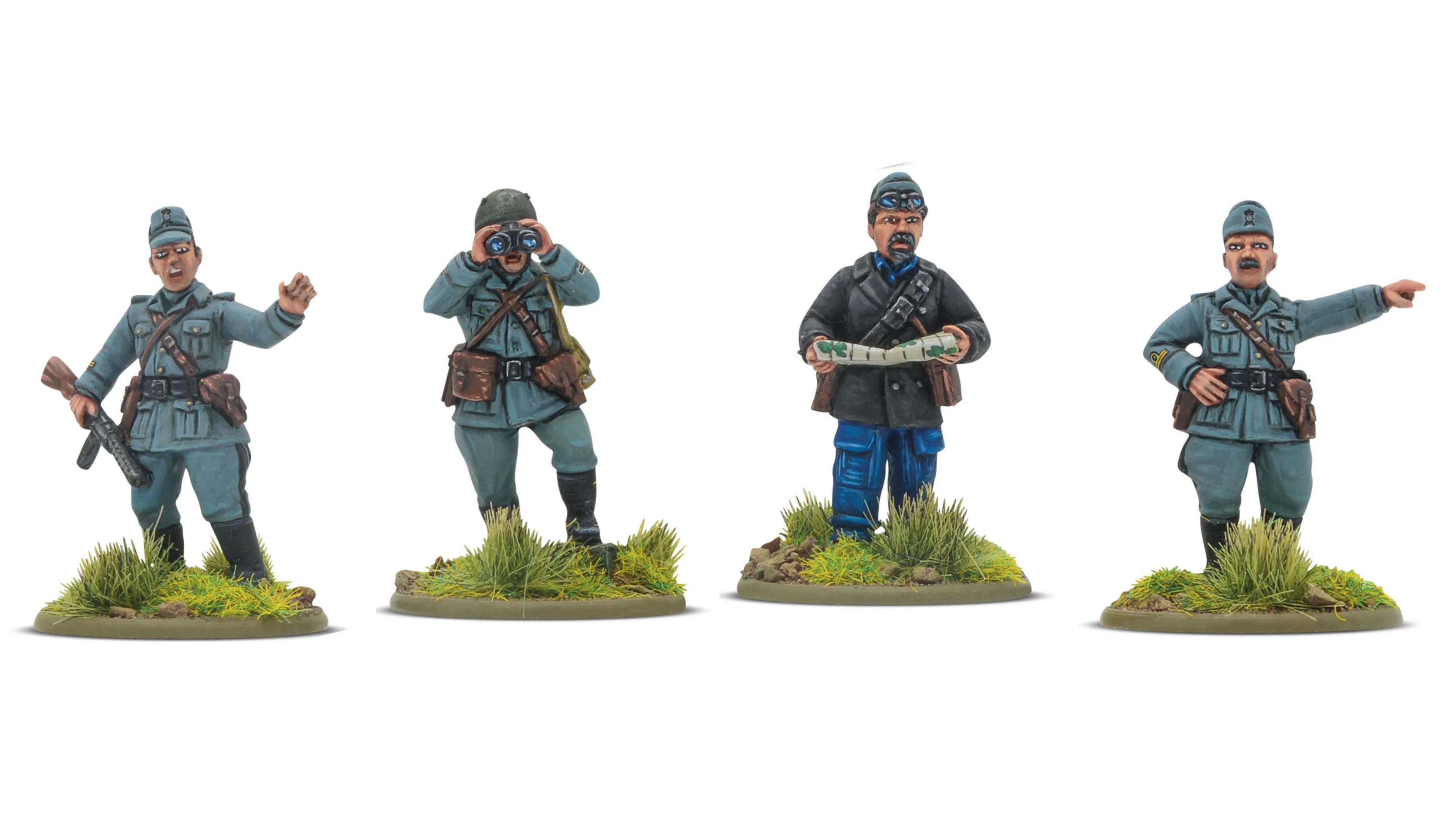 Four 28mm scale miniatures are displayed, representing different military figures. From left to right, a soldier in a green uniform holds binoculars, a second soldier in a blue uniform is looking at a map, a third figure in a dark coat appears to be issuing commands, and the last figure stands with a serious expression. Each miniature is mounted on a base with tufts of grass and small rocks, enhancing the realistic battlefield setting.