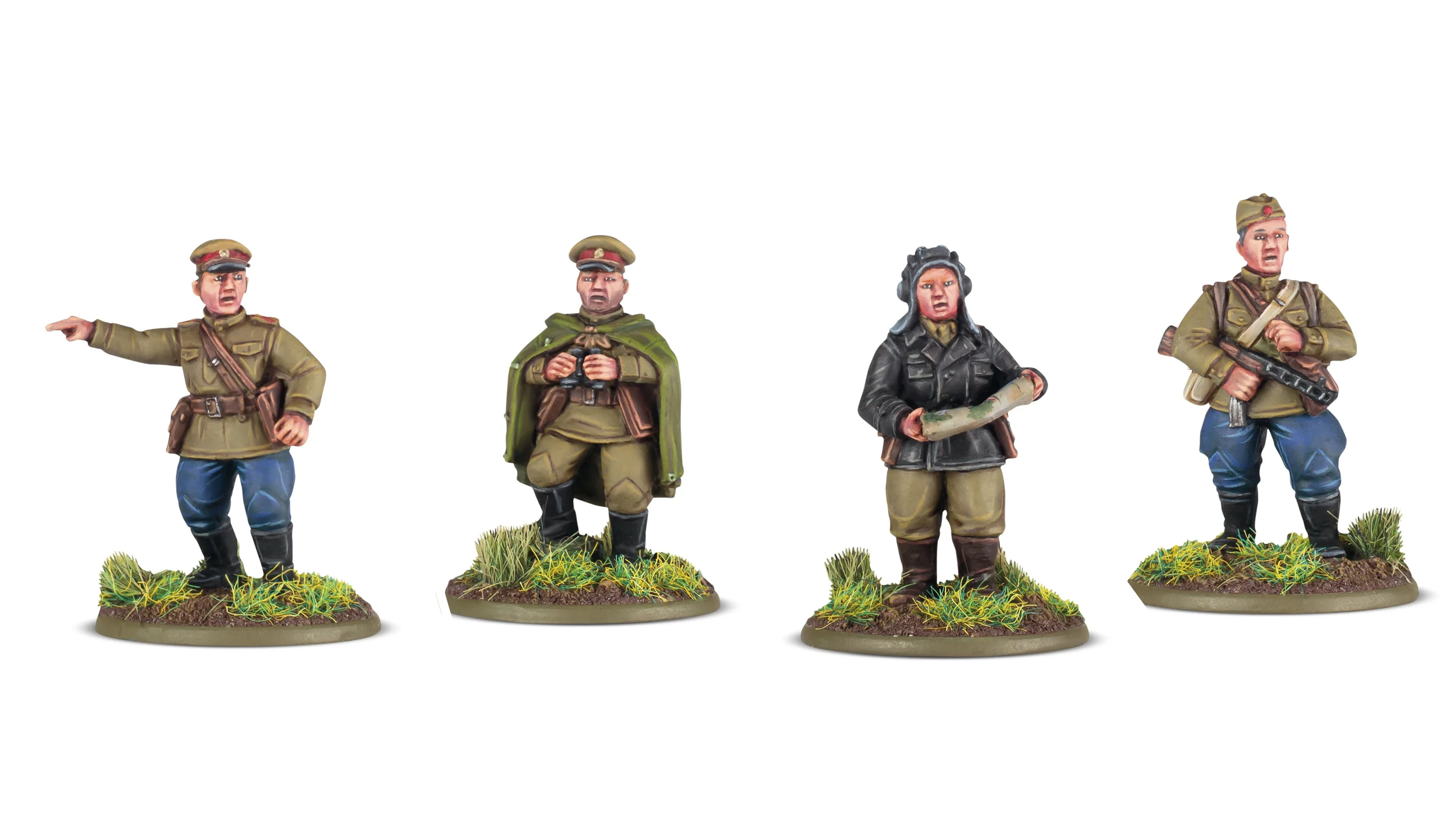 Four 28mm scale miniatures are displayed, featuring various military figures. On the left, a Soviet officer in a green cloak holds binoculars, while next to him, a soldier in a brown uniform stands with a map. The figures are set on bases adorned with tufts of grass, enhancing the realistic appearance. Each miniature showcases detailed painting and distinct uniforms representative of their respective forces.