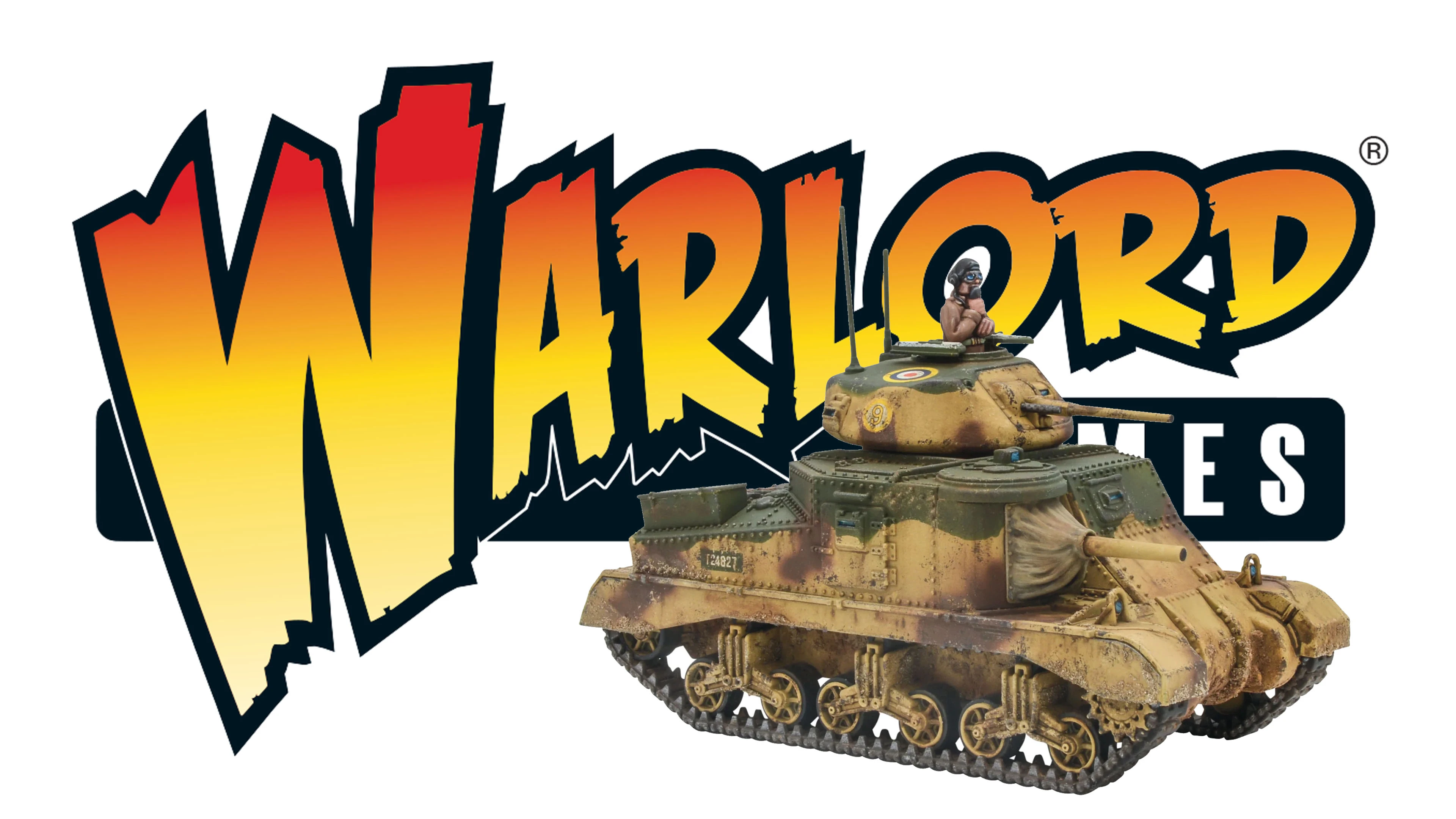 A detailed model of the M3 Grant medium tank is prominently displayed, featuring a camouflage paint scheme with earthy tones. A miniature figure of a soldier wearing a helmet and goggles is positioned on top of the tank, adding a dynamic element to the scene. The background features the bold, stylized text "WARLORD" in vibrant red and yellow, enhancing the overall visual impact.