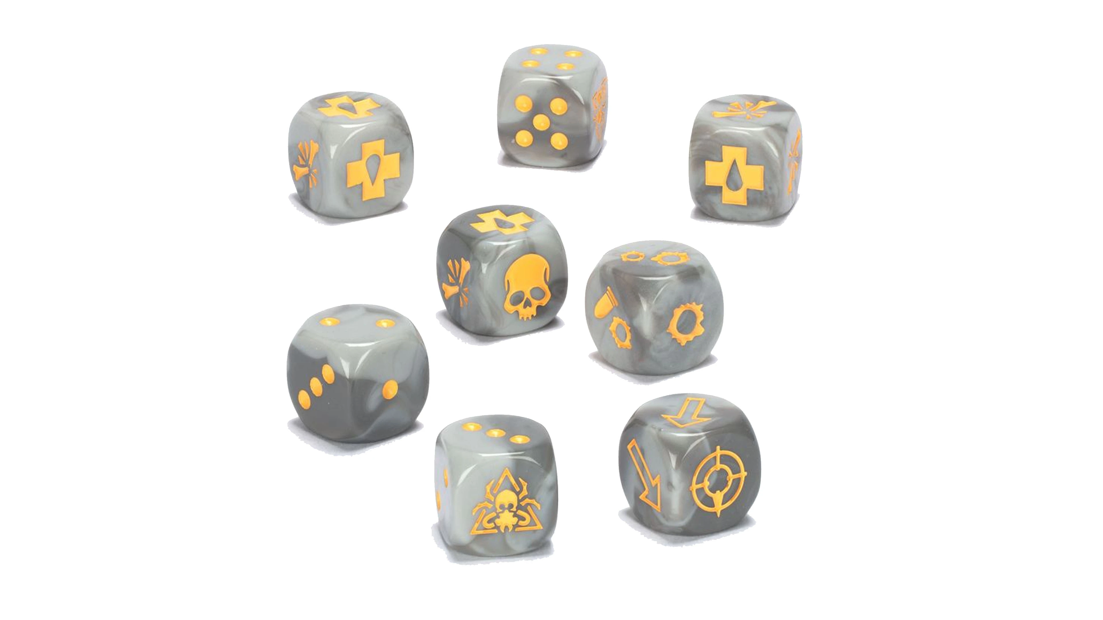 A set of eight dice designed for the "Tribes of the Wasteland" in Necromunda, featuring a marbled gray finish with bright orange symbols. The dice display various icons, including a skull, a medical cross, and a spider, among others, each representing different game mechanics. The arrangement showcases the unique designs and colors, emphasizing their thematic connection to the Ash Wastes nomads.