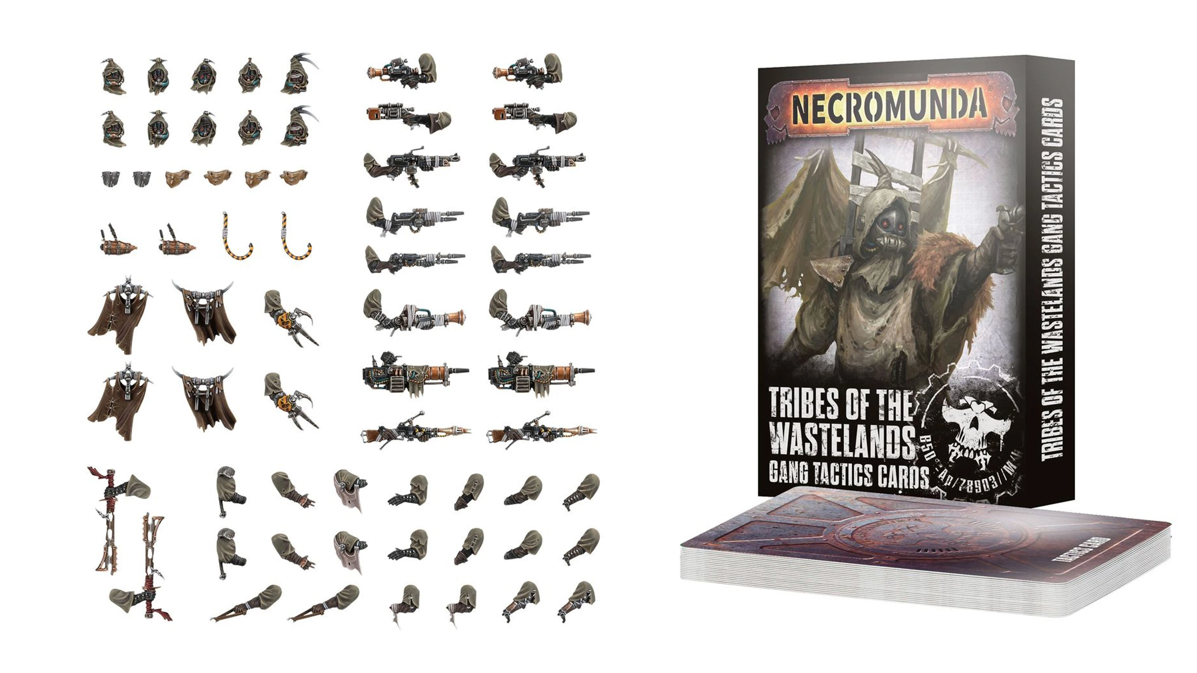 A collection of miniature parts and accessories for the Necromunda game is displayed, focusing on the Ash Wastes nomads. On the left, various weapon components and heads are arranged, showcasing a range of designs including rifles and melee weapons. On the right, the "Tribes of the Wasteland" book and gang tactics cards are prominently featured, with artwork depicting a nomad character.