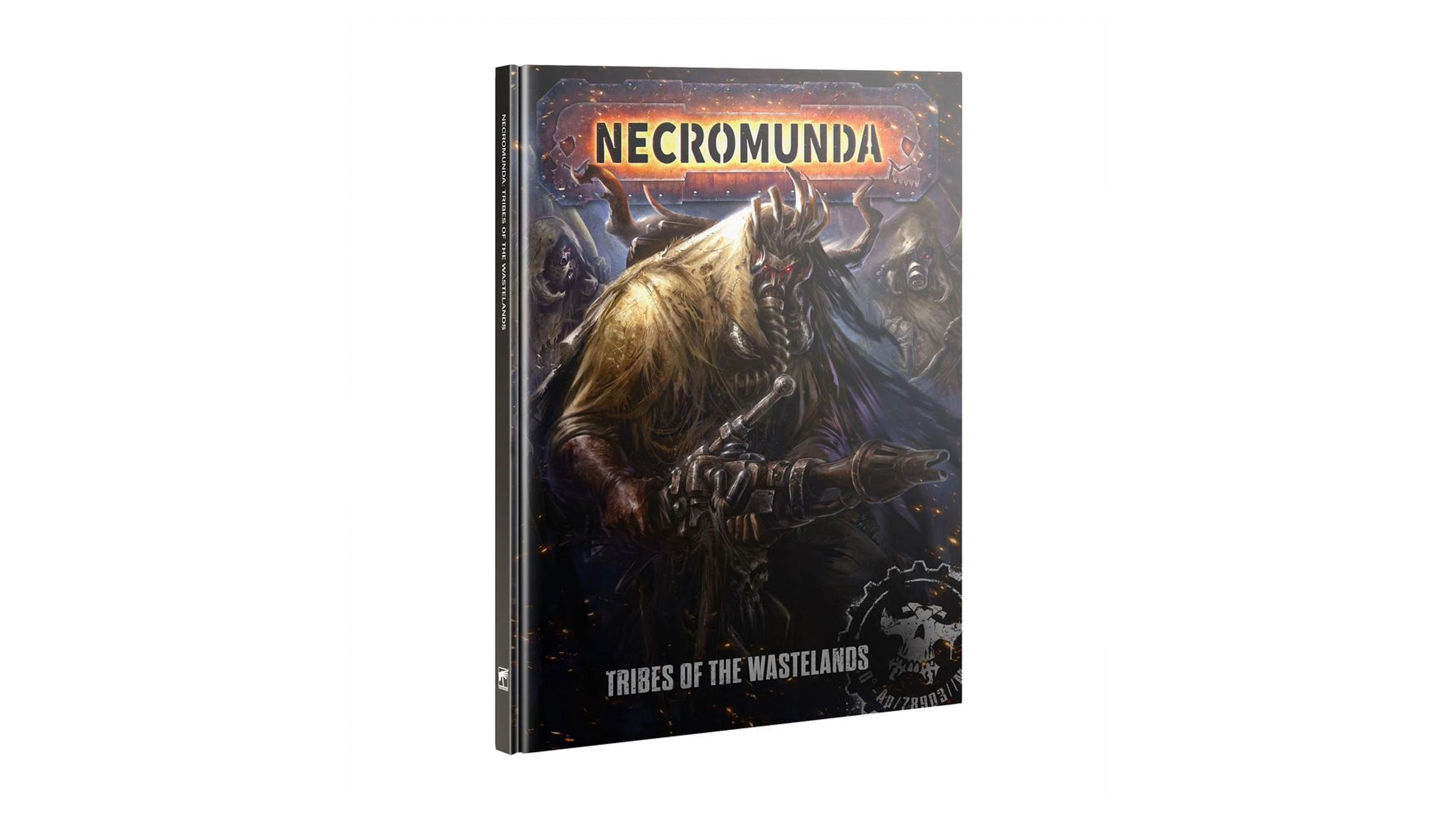 A book titled "Necromunda: Tribes of the Wastelands" features a striking cover illustration of a heavily armored nomad warrior wielding a weapon, set against a dark, atmospheric background with hints of other figures. The warrior is adorned with rugged clothing and a distinctive mask, emphasizing the harsh environment of the Ash Wastes. The title is prominently displayed at the top, with additional graphic elements enhancing the overall design.