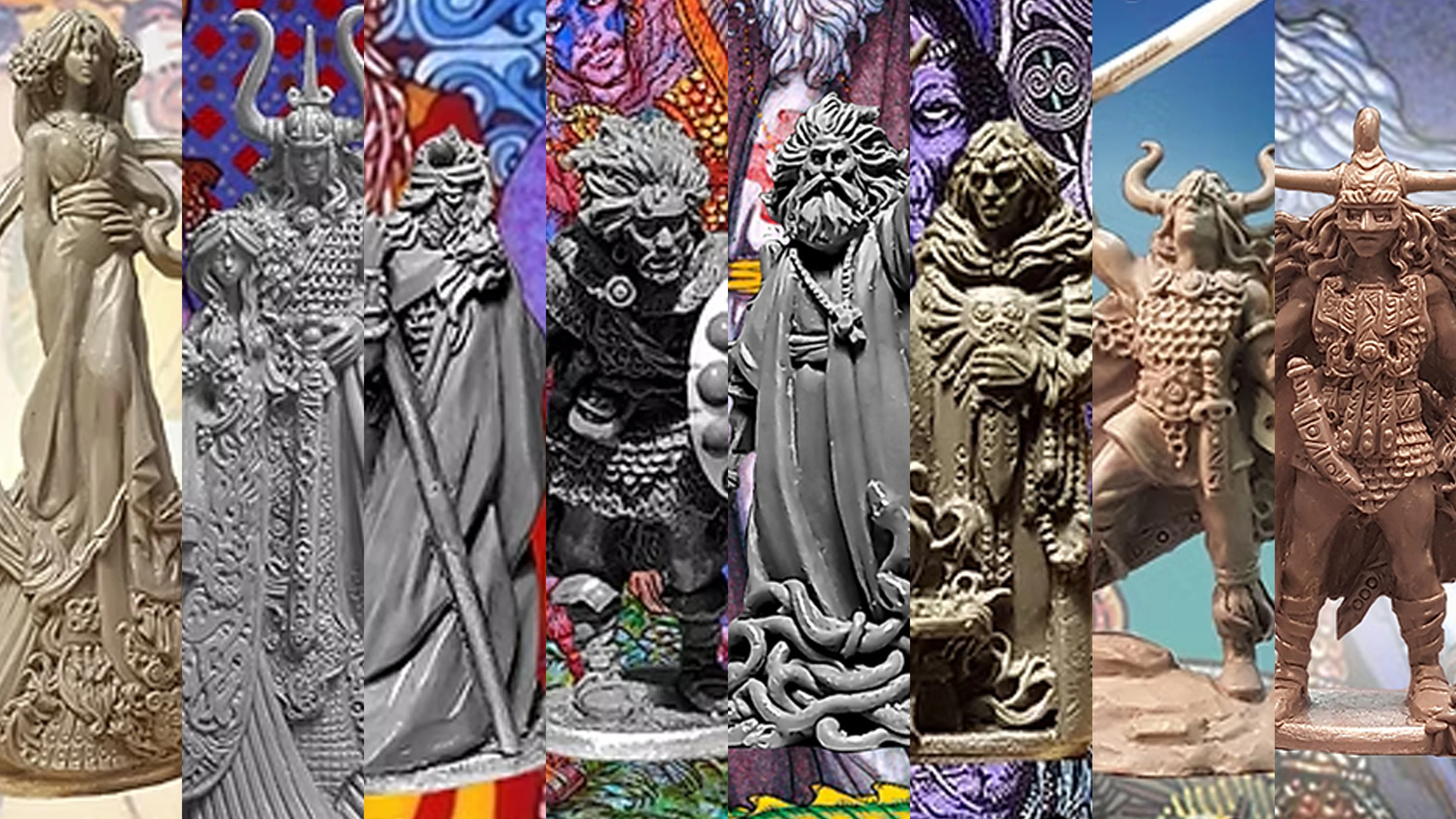 A collection of 28mm scale miniatures inspired by the artwork of Jim Fitzpatrick, showcasing various characters from Celtic mythology. The miniatures display intricate details, with some in grayscale and others in earthy tones, highlighting their unique designs and textures. The background features vibrant illustrations that complement the miniatures, enhancing the overall mythological theme.