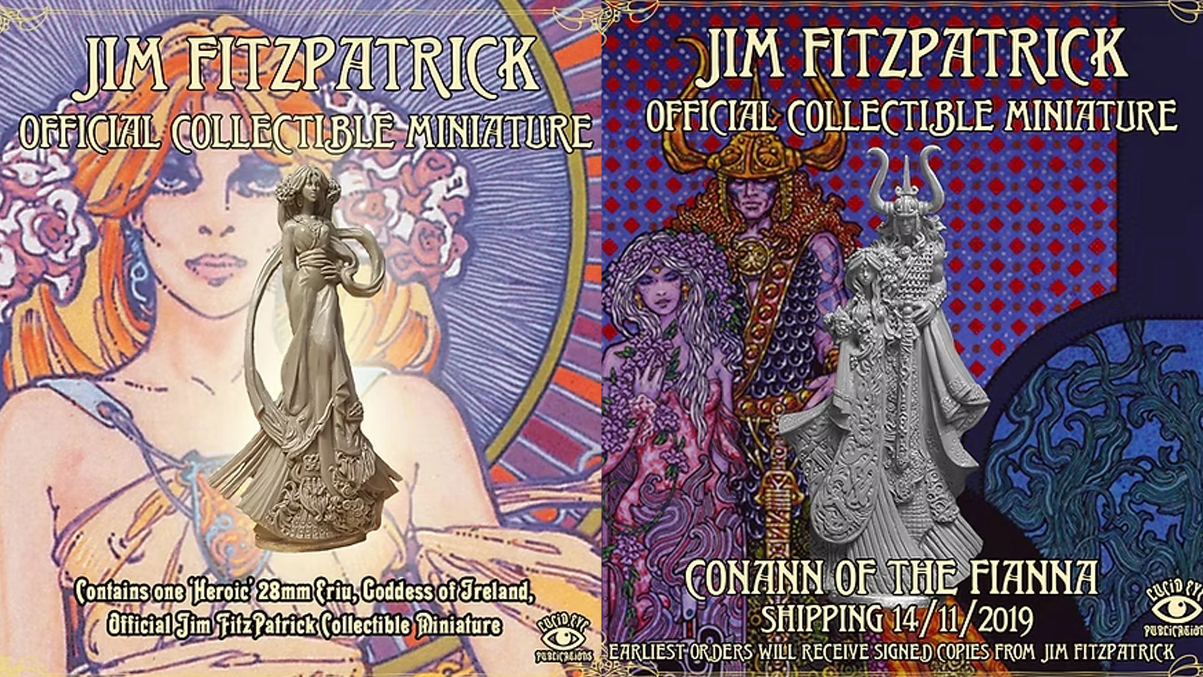 A 28mm scale miniature of Ériu, the Goddess of Ireland, is prominently displayed in the center, showcasing intricate details in her flowing attire and graceful pose. The background features vibrant artwork inspired by Jim Fitzpatrick, with a stylized depiction of a woman and decorative patterns in rich colors. The text at the bottom highlights that this is an official collectible miniature from Jim Fitzpatrick, emphasizing its unique artistic heritage.
