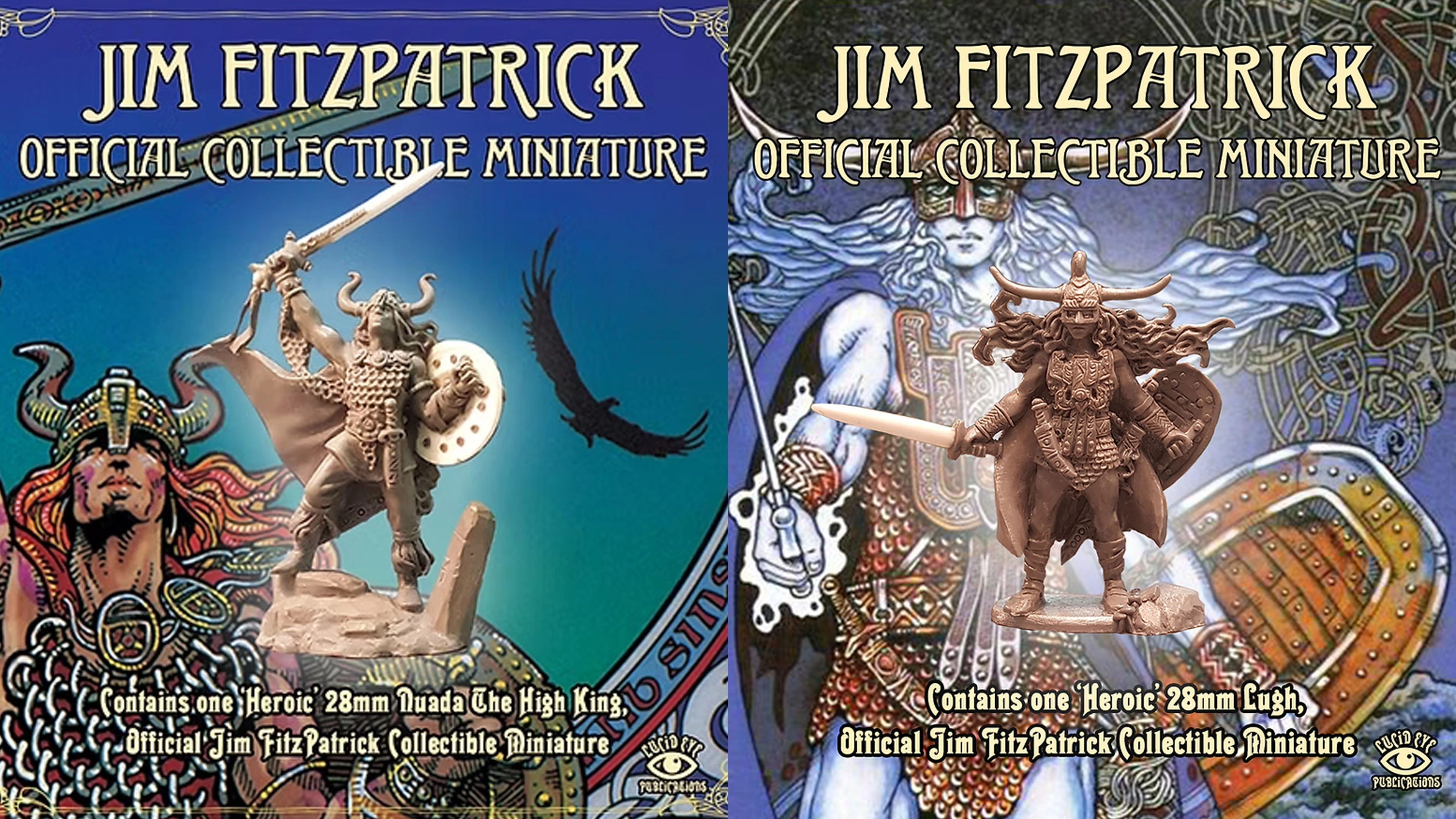 Two collectible miniatures are displayed side by side, each featuring distinct artwork and design. On the left, a sculpted figure of Nuada the High King stands prominently, showcasing intricate details and a shield, set against a vibrant blue background with Celtic motifs. On the right, another miniature is depicted, featuring a warrior with a sword, surrounded by rich colors and patterns that reflect Jim Fitzpatrick's artistic style, with text indicating it contains one hero from the official collection.