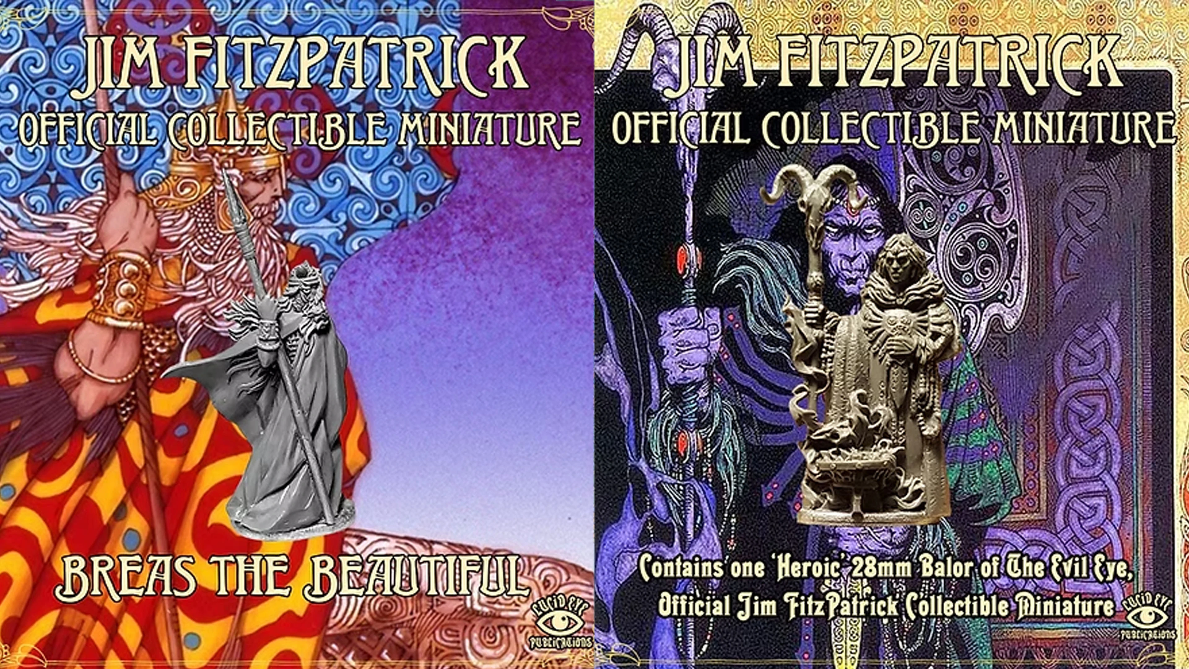 A detailed 28mm scale miniature of Balor of the Evil Eye is prominently displayed in the center, showcasing intricate sculpting by Steve Salah. The background features vibrant, Celtic-inspired artwork with swirling patterns and rich colors, enhancing the mythical theme. Text at the top reads "JIM FITZPATRICK OFFICIAL COLLECTIBLE MINIATURE," while a banner at the bottom notes that it contains one "Heroic 28mm Balor of the Evil Eye."