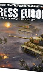 A box for the "Fortress Europe" starter set for the Flames Of War wargame prominently displays the title in bold, distressed lettering. The artwork features a dynamic battlefield scene with American and German forces, including tanks and soldiers engaged in combat. The background showcases a smoky, war-torn landscape, enhancing the theme of World War II wargaming.