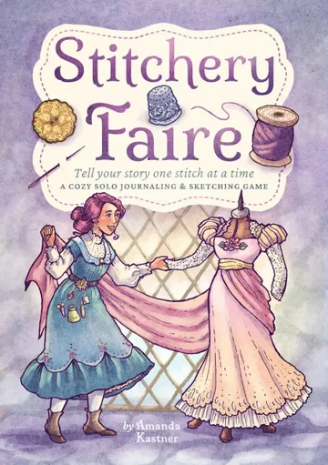 Stitchery Faire, Tell your story one stitch at a time, thimble, spool, woman sewing a dress.