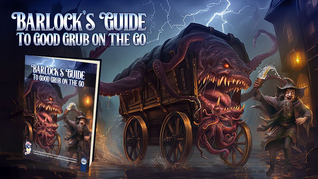 A whimsical and slightly eerie scene features a large, monstrous cart with a gaping mouth filled with sharp teeth, and tentacles extending from its sides. In the foreground, a jovial wizard, dressed in a dark robe and a pointed hat, holds a tankard and appears to be enthusiastically gesturing towards the cart. The background is illuminated by flickering lanterns, with dark stormy skies and flashes of lightning adding to the dramatic atmosphere.