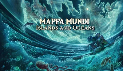 A stylized illustration of a cosmic ocean scene with swirling waves, glowing clouds, and a bright star in the sky. A large whale-like creature arcs through the water, and a tentacled sea monster is visible below. A robed figure with long hair stands on a rocky outcrop, holding a staff. The text "MAPPA MUNDI Islands and Oceans" is prominently displayed at the top.