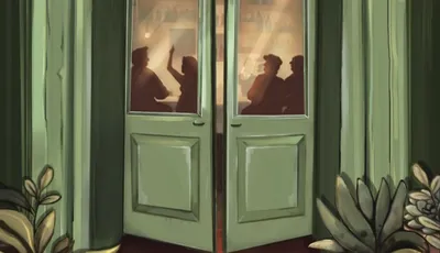 A green double door with glass panels, slightly ajar, showing silhouettes of people inside a dimly lit room. Above the door, a backlit sign reads "AMICI DI SEMPRE" in large, elegant letters, with a smaller sign below it reading "RULEBOOK" in bold, red letters. The door is framed by green curtains, and decorative plants with large leaves flank the base of the door.