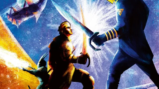 A futuristic scene with two characters in combat. The character on the left, wearing a yellow outfit, wields a glowing energy sword. The character on the right, in a blue and yellow suit with a helmet, holds a similar glowing weapon. In the background, a sleek starship with a glowing engine flies through a starry cosmos. The text at the top reads "COSMIC CORSARIS Fly Starships. Wield Cosmic Power. Fight a Brutal Regime."
