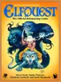 The cover of the ElfQuest roleplaying game box. At the top, the title "ElfQuest" is in large blue stylized letters, with the subtitle "The Official Roleplaying Game" beneath it in smaller black text. In the center, a blonde elf with pointed ears and a yellow outfit holds a dagger, standing on the back of a gray wolf with its mouth open. Behind them, a large blue panther-like creature looms, and a blue-skinned figure with long black hair and a white outfit is partially visible. The background is a gradient of yellow and orange. In the bottom right corner, the text "Pini 83" is visible.