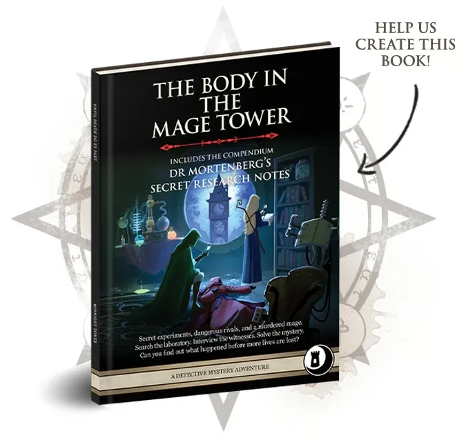 Book cover: "THE BODY IN THE MAGE TOWER" with fantasy lab scene.