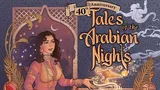 A richly illustrated cover for the "40th Anniversary Tales of the Arabian Nights" board game features a woman in traditional attire, holding a magical lamp that emits swirling wisps of light. Surrounding her are various fantastical elements, including mythical creatures like a griffin and a dragon, as well as iconic symbols from the Arabian Nights tales. The title is prominently displayed in an ornate font, with the text "The Legendary Storytelling Game by Eric Goldberg" at the bottom.